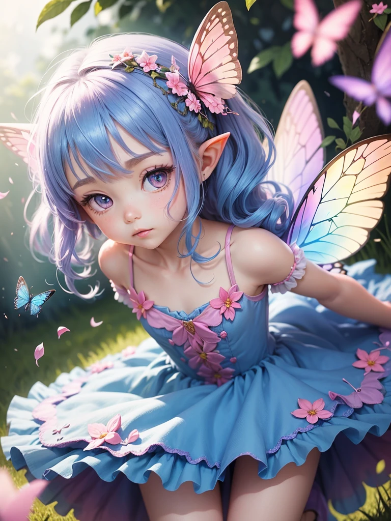 cute little Fairy, blue butterfly, Rainbow hair, pink eyes, dress pointy ears dress made of petals leaves leaning forward