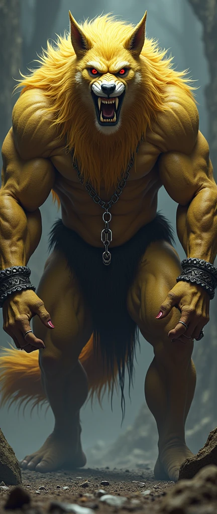 long yellow hair, red eyes, white teeth, muscular body covered in fur, long tail, chain necklace around the neck and chain bracelets on the wrists