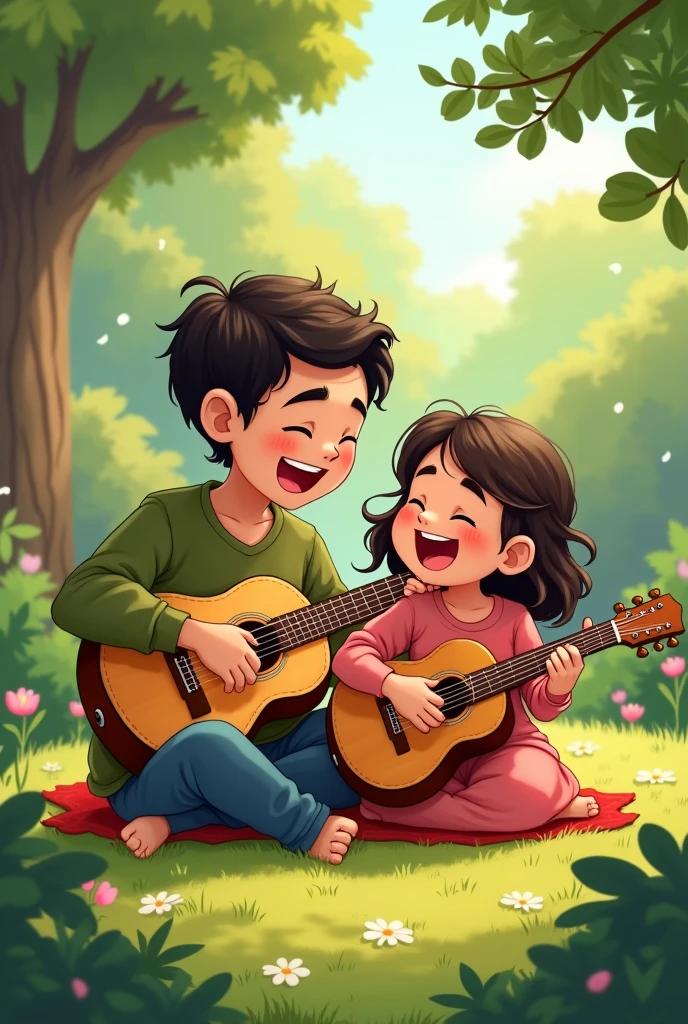 Un homme noir, rond et chauve, joue de la guitare avec sa fille de à la peau brune et aux cheveux ondulés, qui joue également de la guitare, dans un style cartoon. Ils sont assis dans un jardin.