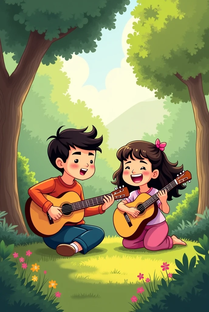 Un homme noir, rond et chauve, joue de la guitare avec sa fille de à la peau brune et aux cheveux ondulés, qui joue également de la guitare, dans un style cartoon. Ils sont assis dans un jardin.