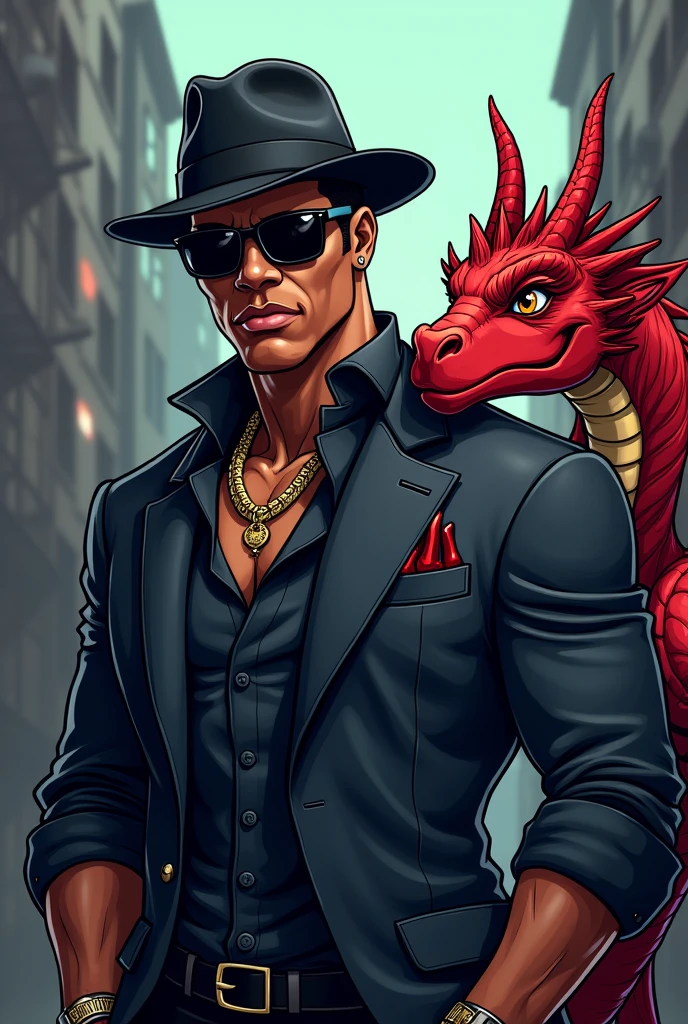 Cartoon profile of a black gangstar with a pet dragon