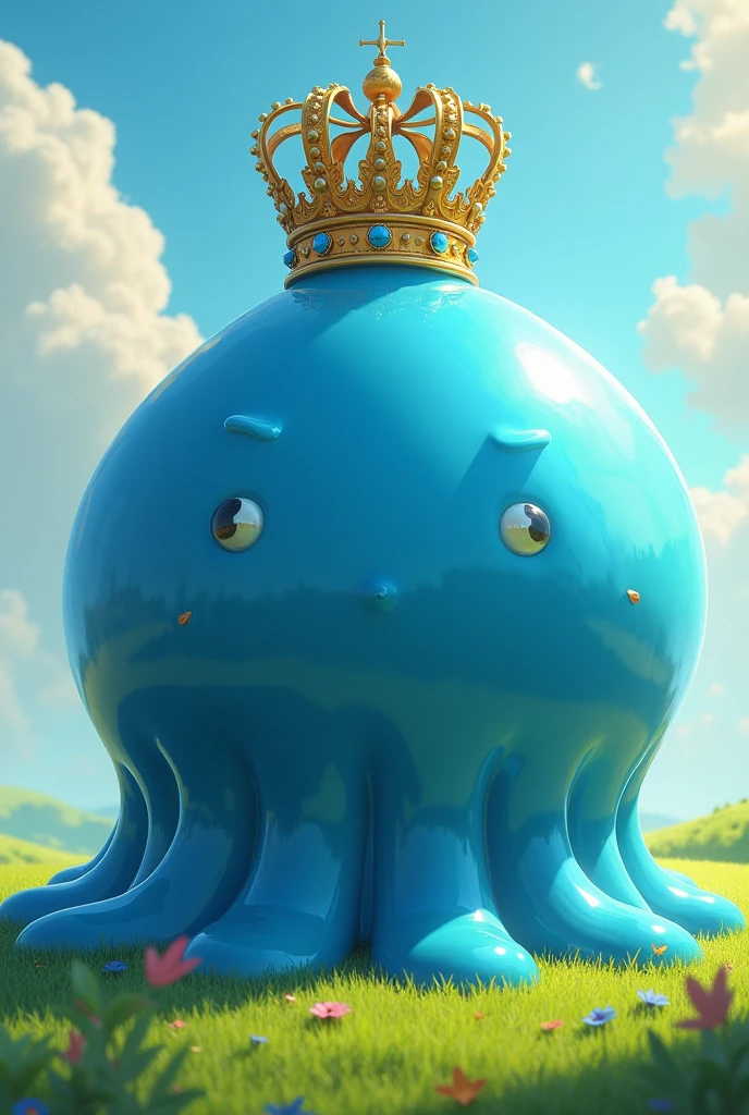 A giant ball of blue slime with no face or body, just a slime ball ok, with a king's crown on a grassy plain