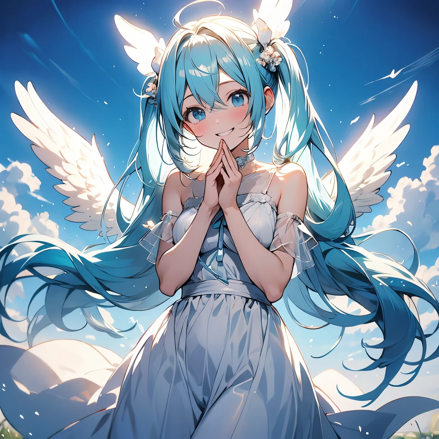 hatsune miku、White angel wings、sheer white dress、Angel halo on head、heaven、I pray、smile、floating、blush