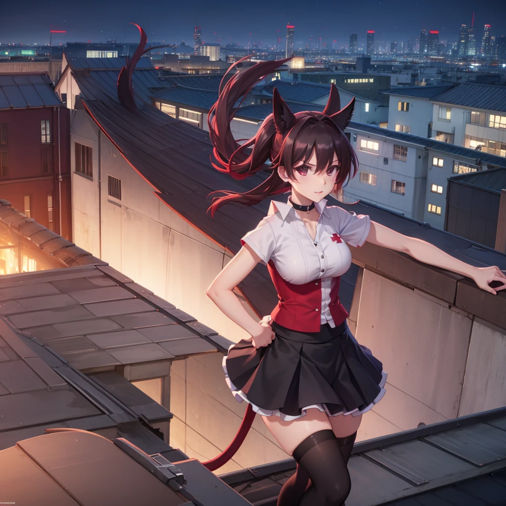 Double tail,The Red Cross' short-sleeved shirt,Black skirt,black stockings,Medium breasts,On the rooftop at night