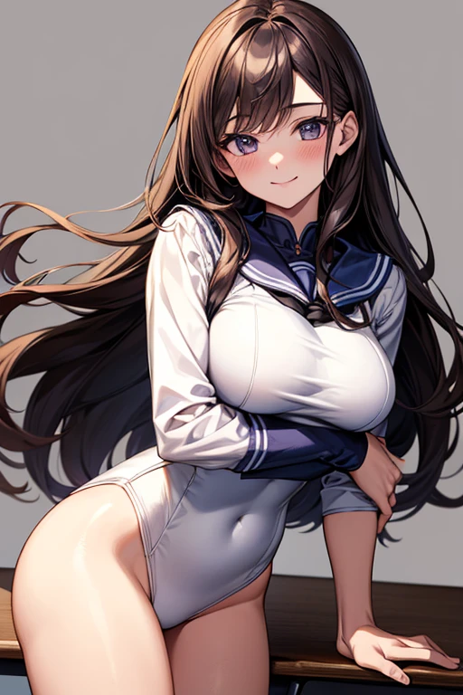 One person, High resolution, Long Hair, Gaze, smile, masterpiece, accurate, Highest quality, Ultra high definition, Large Breasts, Blushing, Simple Background, Sailor suit、School、classroom