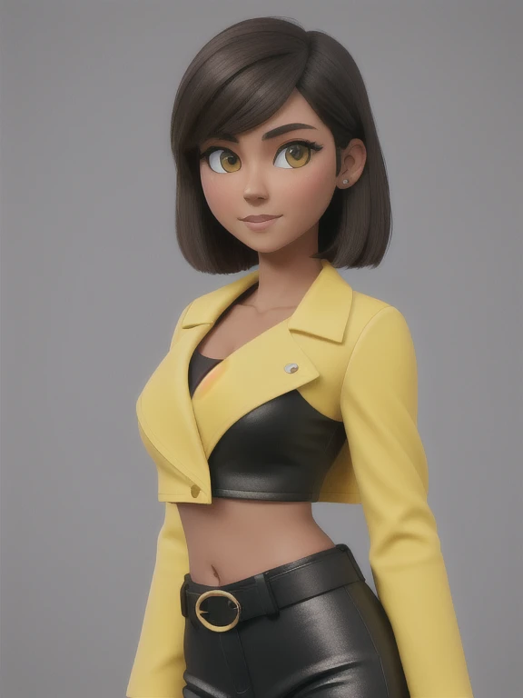 1girl, solo, 26 years old, short hair, brown hair, (yellow eyes:1.5), tan-bronze skin, tan-skinned female, athletic figure, medium breasts BREAK (Wearing: opened blue jacket, black strapless top, (midriff), belt, shiny black leather pants) BREAK looking at viewer, BREAK indoors, BREAK (masterpiece:1.2), best quality, high resolution, unity 8k wallpaper, (illustration:0.8), (beautiful detailed eyes:1.6), extremely detailed face, perfect lighting, extremely detailed CG, (perfect hands, perfect anatomy),
