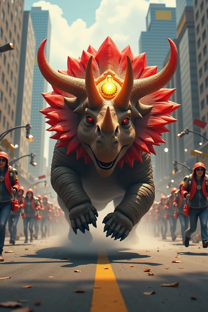 A red-haired triceratops with a golden cell in its center is running down a street and people around are scared, running back and forth, and it is chasing a car at high speed. 