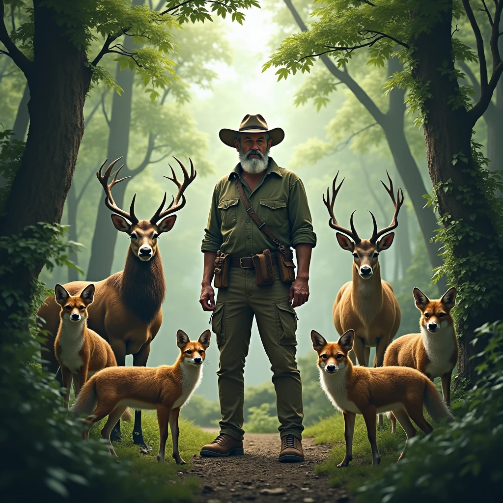 A man stands in the middle of a forest surrounded by wild animals.