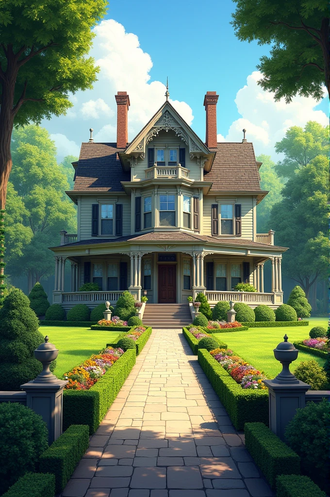 *Around it, the first thing you see is a large and well-kept garden, with a stone path leading to the front door. There are also several decorative garden elements here and there, as well as several spaces for flowers and shrubs.*
*After that, observe the house itself. It is a two-story building, in the classic style of a Victorian home, with its gabled roofs, a small porch at the back door and large windows with beautiful frames.*