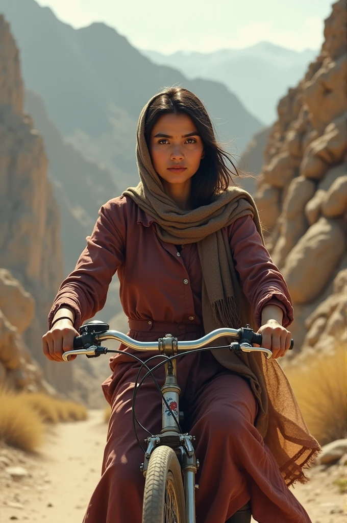 A brunette Afghan woman and a bicycle