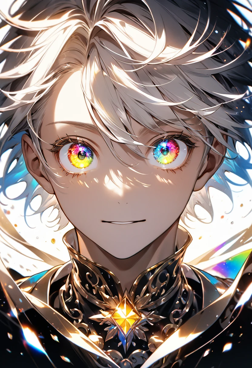 8k, Highest quality,High Contrast,front view,joyful,One Boy,perfect face,eye (heterochromia with gold and silver,big eyes,eyelashes,glowing eyes),A background with beautiful, shimmering details,Colorful light scattering and reflecting on a transparent background,