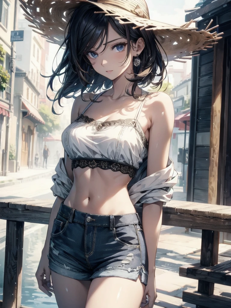 absurdres, RAW photo, extremely delicate and beautiful, masterpiece, Best Quality, ultra high resolution, 32k, hyper realistic, ultra-detailed, Very detailed CG 8k wallpaper, detailed background, landscape, Beautiful Lighting, Perfect Lightning, Realistic Shadows, perfect anatomy, anatomically correct, ideal ratio body proportions, perfect figure, Perfect Style, Perfect balance, super Detailed skin, in her 30s, very Slim body, narrow waist, very small head, very small face, delicate facial features, handsome detailed woman, very detailed eyes and face, realistic face proportions, Realistic beautiful face, Realistic beautiful eyes, tearful mole, earring, full body shot, whole body shot, very huge round tits, medium short hair, asymmetrical hair, wavy hair, legs, foot, outdoor, crop top blouse, bare collarbone, shorts, straw hat,