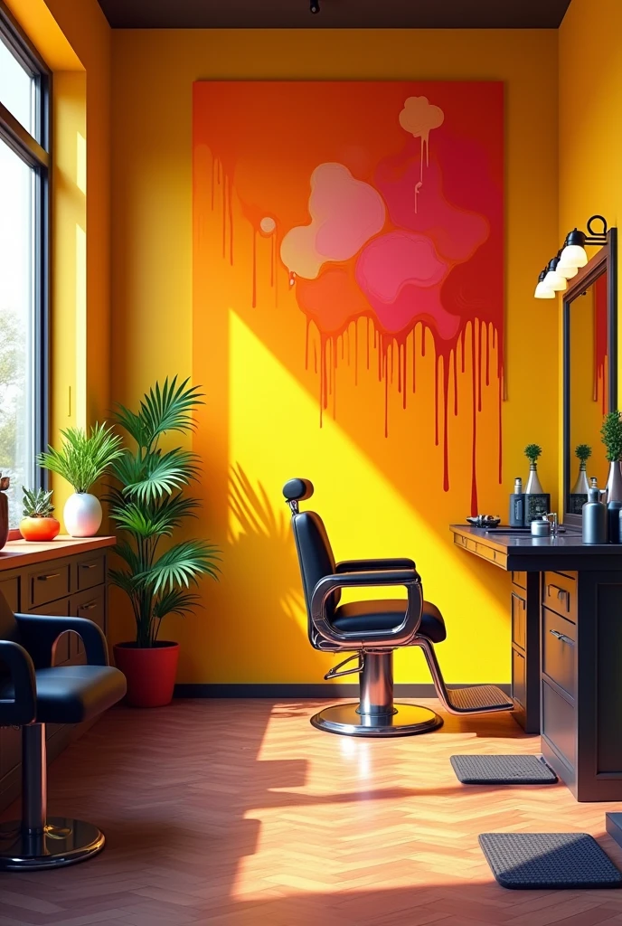 A barbershop with yellow painted walls and a drawing on the wall of large, dripping orange drops with a pink shine.