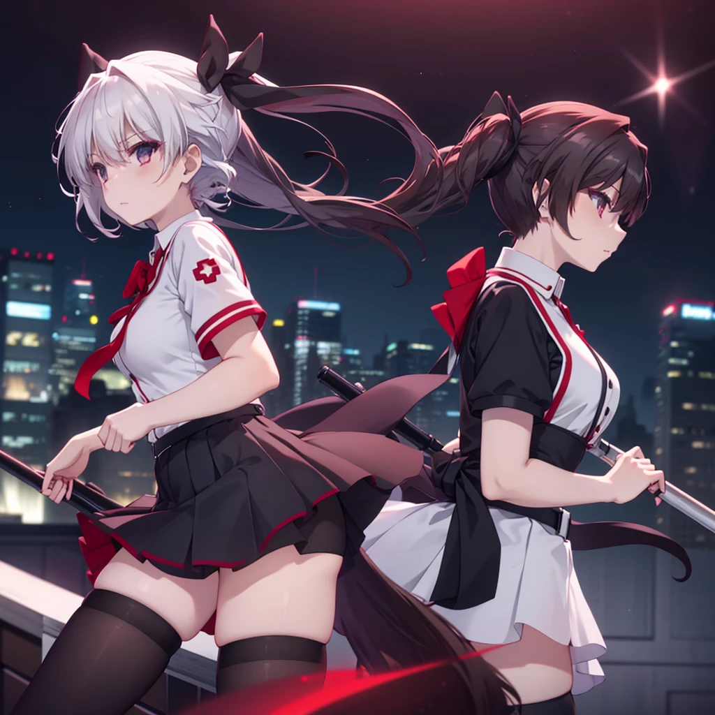 Double tail，The Red Cross' short-sleeved shirt，Black skirt，black stockings，Medium breasts，On the rooftop at night