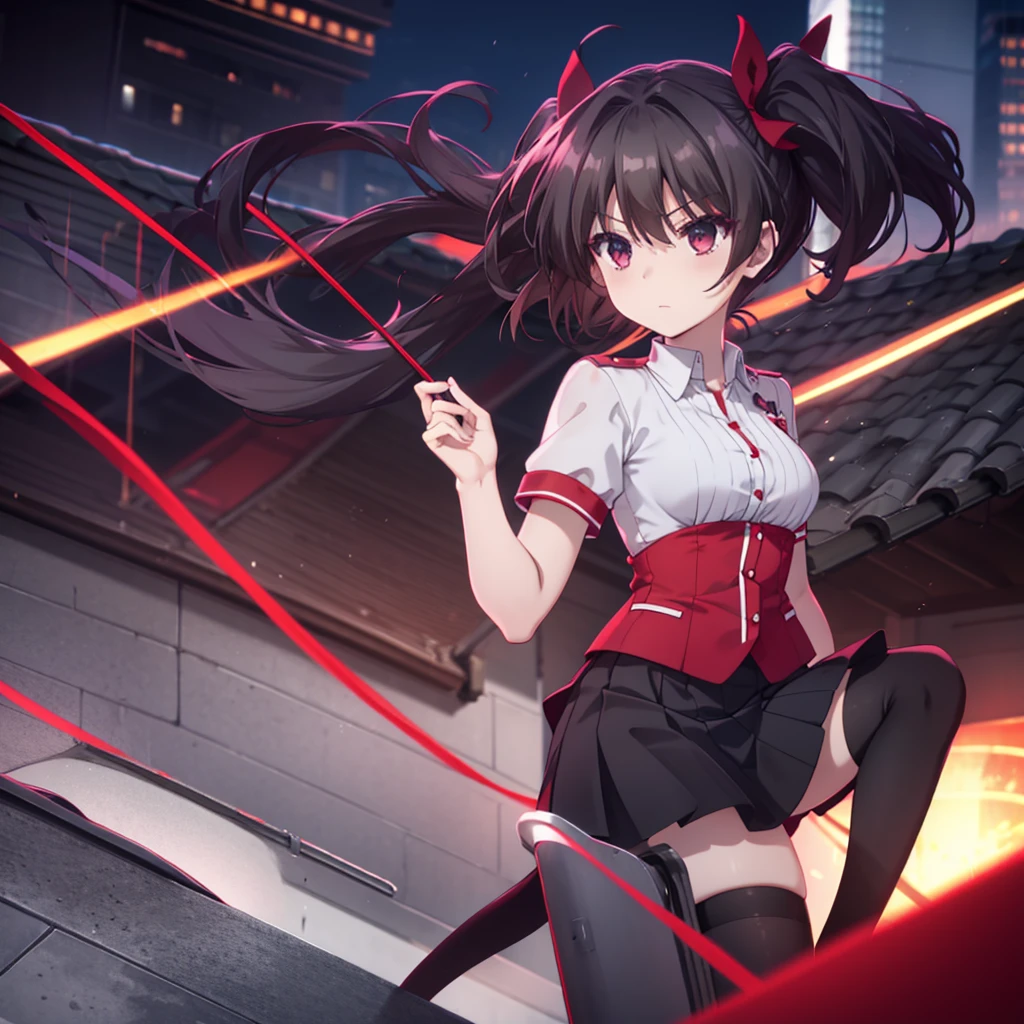 Double tail,The Red Cross' short-sleeved shirt,Black skirt,black stockings,Medium breasts,On the rooftop at night