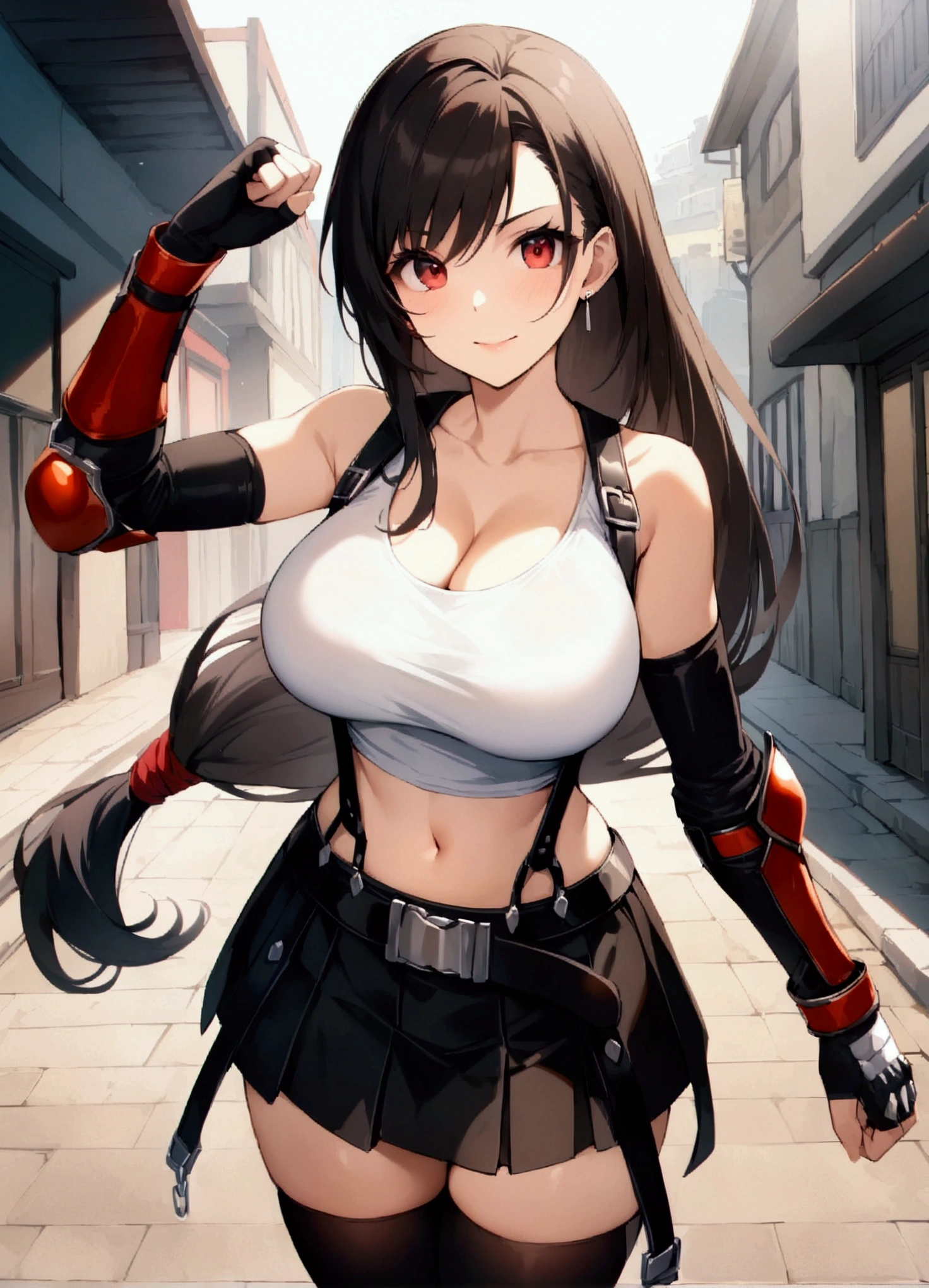 (score_9, score_8_up, score_7_up), BREAK  (masterpeace),(best quality),(aesthetic,very aesthetic),(highly detailed),1girl, tifa lockhart, final fantasy,(beautiful). black hair, low-tied long hair, red eyes, bangs, white tank top, belt, pleated skirt, thighhighs, elbow fingerless gloves, elbow pads, midriff, navel,suspender skirt.zettai ryouiki,large_breasts,gap,Solo,cowboy shot,looking at viewer, vibrant, joyful,outdoor,Showcasing cleavage,fist,dynamicangle,dynamic ,