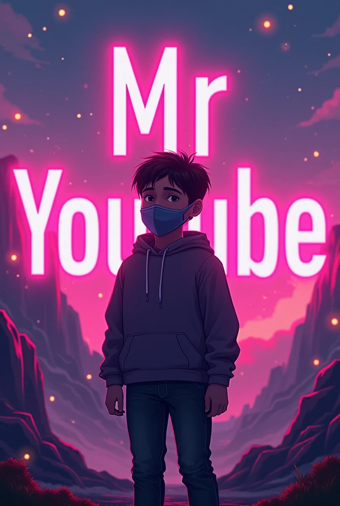 Create a a digital illustration in landscape size image featuring a boy wearing a face mask, standing in front of a glowing background. In the background, prominently display the text "Mr YouTube" in a bold, glowing font. The overall design should be eye-catching and visually striking, with the glowing text adding a dynamic and engaging effect