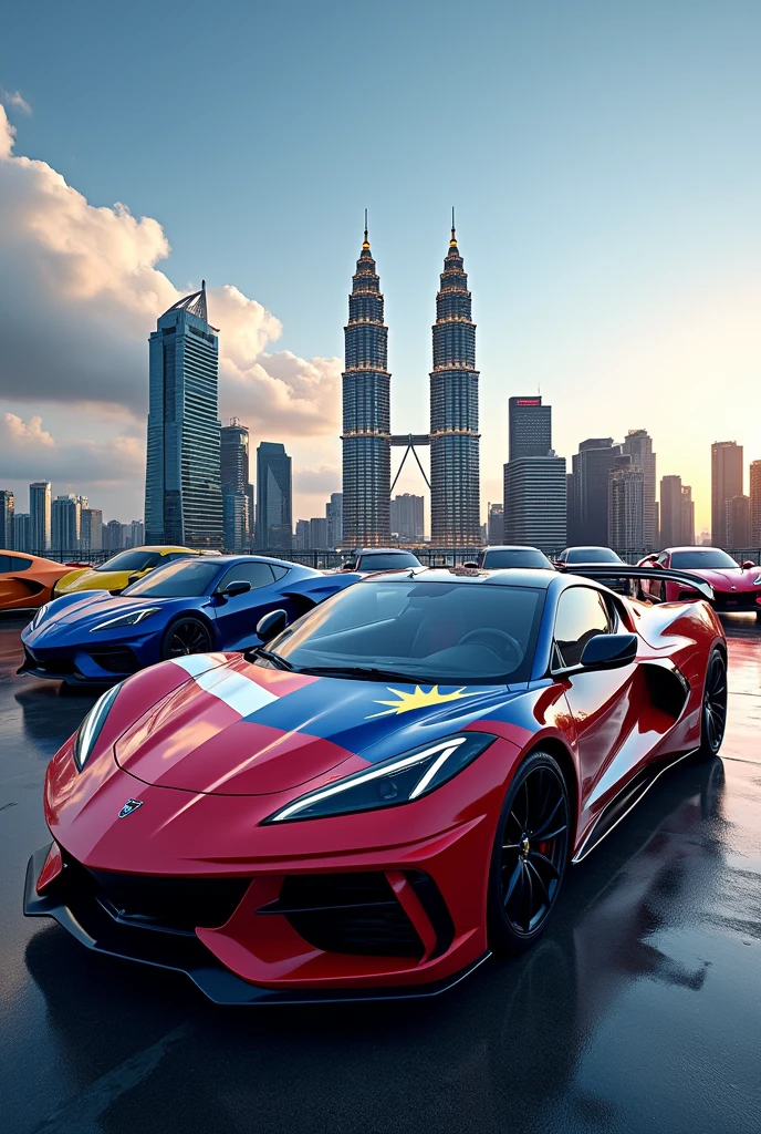 pictures of sports cars with the Malaysian flag theme, and the background of the city of Kuala Lumpur