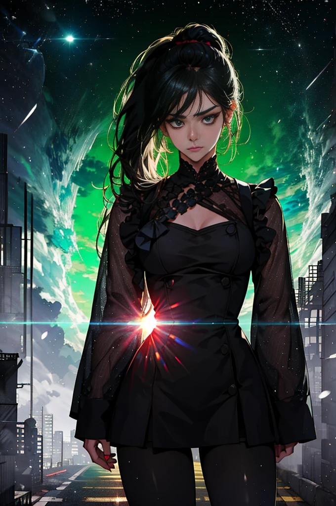 one person, High resolution, masterpiece, Anatomically correct, Accurate, number々Awards for, Textured skin, retina, Black Hair, Split Ponytail, The body is slim,Slanted Eyes, Contempt/angry gaze, Wide-angle shot, ,Back seat of a minivan,Small breasts,Gothicta,Makeup that doesn't suit me,Damaged, numberAwards for, retina, Vanishing Point,Hong Kong City Streets and Roads,fullbody portrait,action,Moonlight,assassin,gun action