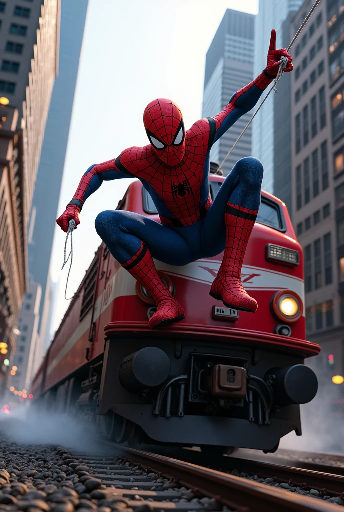 Spiderman sitting on running train's engine, through web on a building and trying to stop train