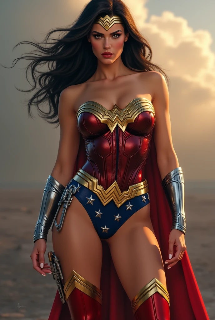 A beautiful woman Adriana Lima under the mantle of the Amazonian warrior Wonder Woman costume Navy blue with hood red knee boots Wonder Woman season 1972 Lynda Carter