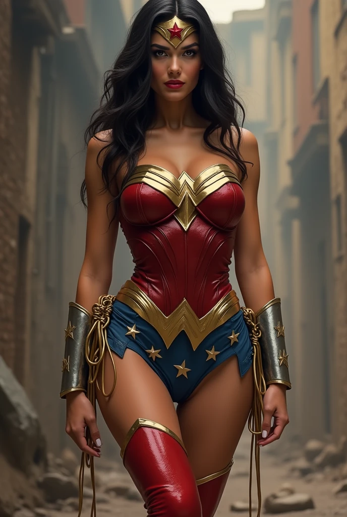 A beautiful woman Adriana Lima under the mantle of the Amazonian warrior Wonder Woman costume Navy blue with hood red knee boots Wonder Woman season 1972 Lynda Carter