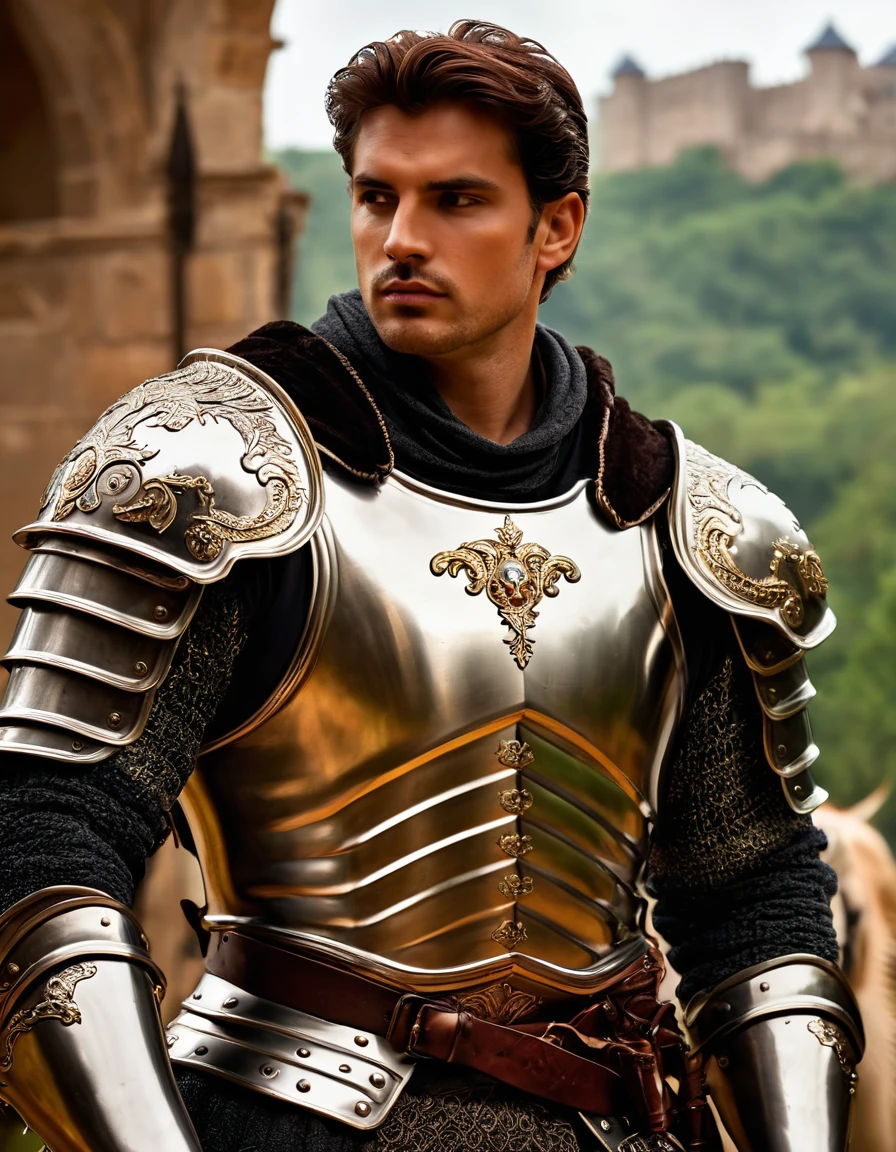 (photorrealistic:1.4, 8k, dslr, Nikon D850, CRU, work of art:1.2, best qualityer) a photorrealistic image featuring a handsome male kinight , medieval armor,hot Pecs, big huge pecs bara.embodying the luxurious and earthy qualities of Taurus. Set against the backdrop of a massive, opulent castle,, the model exudes sensuality and strength. Ensure attention to detail in the model&#39;s outfit, emphasizing comfort and opulence, and incorporate smooth, natural lighting to improve overall aesthetics.