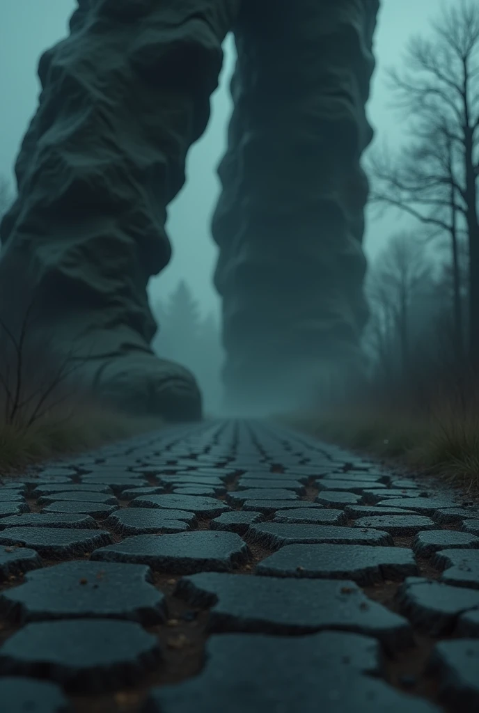 One leg front a giant pair of legs stepping on a cracked road at night, horror scene, clay toys, (best quality,4k,8k,highres,masterpiece:1.2),ultra-detailed,(realistic,photorealistic,photo-realistic:1.37),HDR,UHD,studio lighting,ultra-fine painting,sharp focus,physically-based rendering,extreme detail description,professional,vivid colors,bokeh,horror,dark,gritty,ominous atmosphere,moody lighting,dramatic shadows,claymation,creepy,unsettling,disturbing,macabre,intense,terrifying,chiaroscuro,cinematic,suspenseful,nightmarish