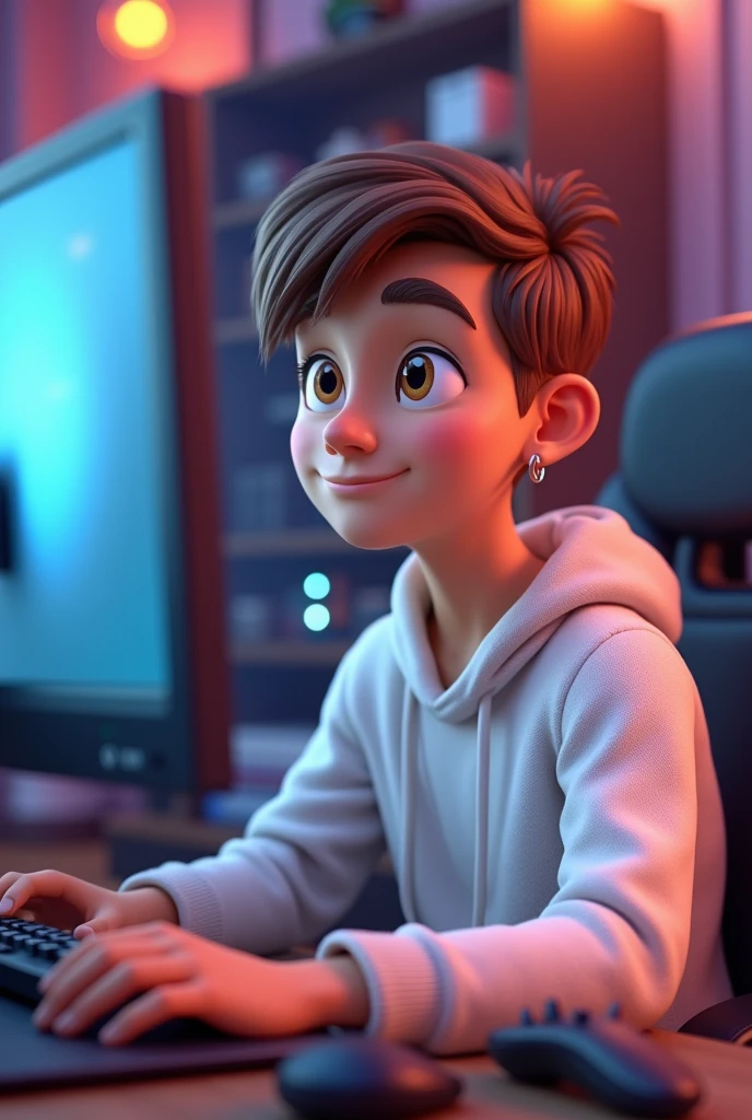 Young man , short brown hair, square face and brown eyes, wearing white sweater. with tattoo on the left arm, 3d cartoon, with small hoop earrings, in a gamer setting, using a computer.