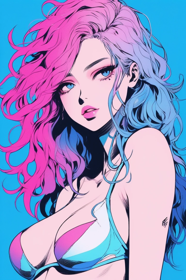 Illustrator, anime , Realistic ,sketch , 1 person, Supermodel, lip, Skimpy bikini, order, Blue gradient background, Neon colored messy medium hair, Are standing, Sexy pose, Texture Trim, Canadian, (masterpiece,Highest quality) cancer