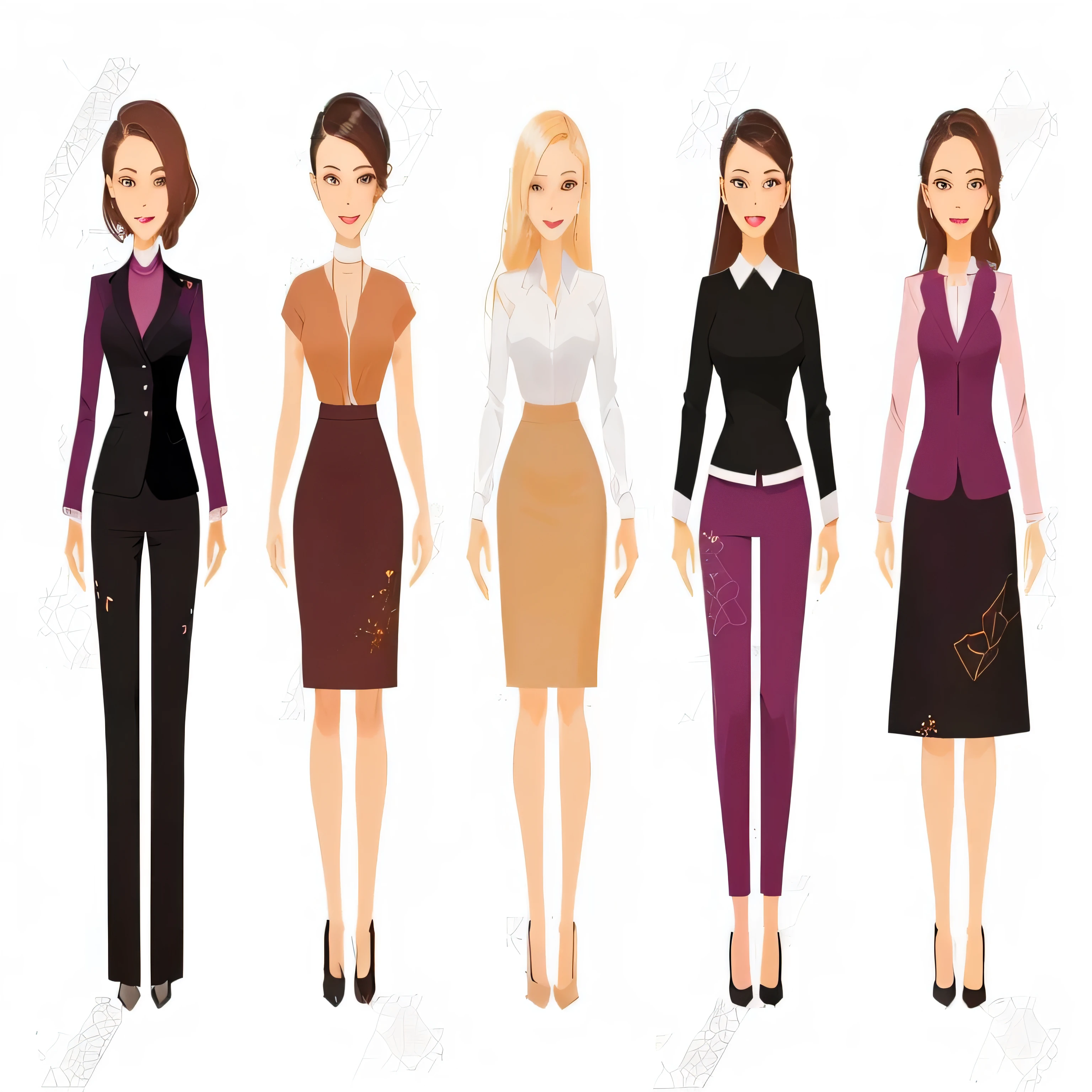 a set of four women in business clothes standing in a row, women full body, office clothes, dressed with fluent clothes, dressed with long fluent clothes, female in office dress, diverse outfits, wearing business casual dress, wearing elegant casual clothes, wearing tight simple clothes, business clothes, wearing a blouse, wearing beautiful clothes, outfit designs, full body pictures
