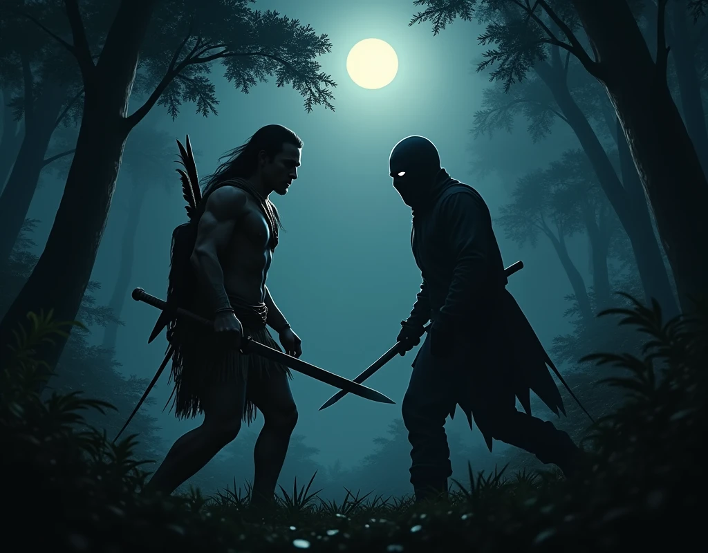 An Indian encountering a ninja in the forest at night
