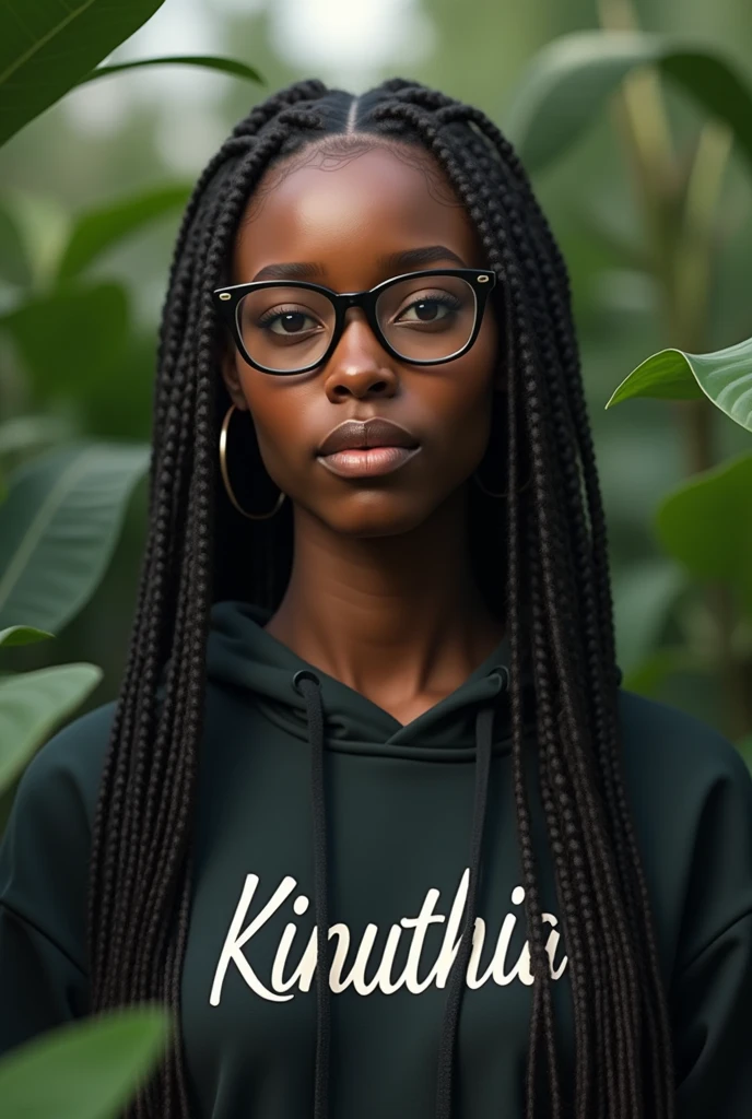 (photorealism:1.2), beautiful black African woman,23 years,sharp boobs,,wearing jeans and a fitting hoodie written "Kinuthia", long braids,oversized black glasses, standing , plants in background,Imani lewis inspiration