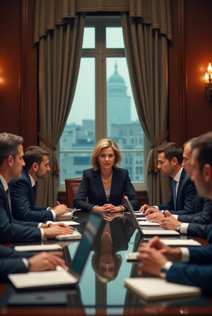 The image depicts a group of men and women with an elegant and professional appearance., gathered in a boardroom that evokes a luxurious and exclusive atmosphere.
In the center of the table, You can see a middle-aged woman, with a serious and concentrated expression, who seems to be leading the meeting. Around it, The other participants look at her attentively, some with thoughtful expressions and others with an attentive posture.
Several of them have laptops or tablets open., suggesting they are reviewing documents or analyzing information. Some take notes in notebooks, while others exchange brief whispers, giving the impression of discussing or planning something.
The decoration of the place, with dark wood paneling, Heavy curtains and a cityscape visible through the windows, conveys a sense of power, influence and exclusivity.
People's outfits also reflect their status and authority.. Most of them wear formal and elegant suits., with accessories that denote wealth and prestige, such as luxury watches and discreet jewelry.
The warm lighting and formal composition of the image create an atmosphere of seriousness and concentration., as if it were a high-level meeting where important decisions are being made..
The expression on the participants' faces suggests that they are immersed in a conversation or analysis that has them completely absorbed., without revealing their true intentions.