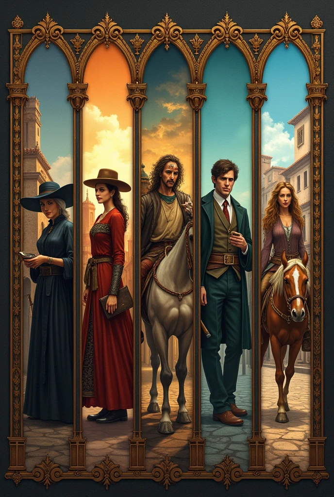 Create an image that integrates visual elements from five classic Spanish literary works: Celestina, El Lazarillo de Tormes, Don Quijote of La Mancha, Life is a dream and Fuenteovejuna. Divide the image into five panels, each one representing one of the works. Make sure each section is clearly differentiated but that the final image has visual cohesion. Regarding La Celestina, To portray La Celestina, an elderly woman with a wise and somewhat mysterious appearance, perhaps with an ancient book or potion ingredients. Include a background that suggests a dark and magical atmosphere, like a room with shelves full of books and jars. Regarding El Lazarillo de Tormes, Show Lázaro de Tormes, a scruffy but clever young man, with a simple hat and poor clothing. Incorporate an urban landscape of the time, with modest streets and buildings in the background, reflecting his life as a vagabond.
EnDon Quijote of La Mancha: Include Don Quijote with his ancient armor and lance, mounted on his horse Rocinante. Show him in a heroic pose, perhaps fighting a windmill, and a background that represents the vast plains of La Mancha. Regarding Life is a Dream, To portray Segismundo, The protagonist, in a cell or in a scene that suggests a dream or illusion. Use a background that evokes a sense of surrealism or theatricality, with dramatic lights and shadows. Finally, Fuenteovejuna: Include the inhabitants of the town of Fuenteovejuna, perhaps with an attitude of unity and resistance. Show a background that reflects the architecture of a medieval village, with elements such as a central square and typical buildings.
Use an artistic style that combines classical elements with a contemporary touch. The colors should be rich and varied, reflecting the diversity of the works, but maintaining an overall harmony. Add subtle details that connect the sections, as a border or frame that visually unites each part