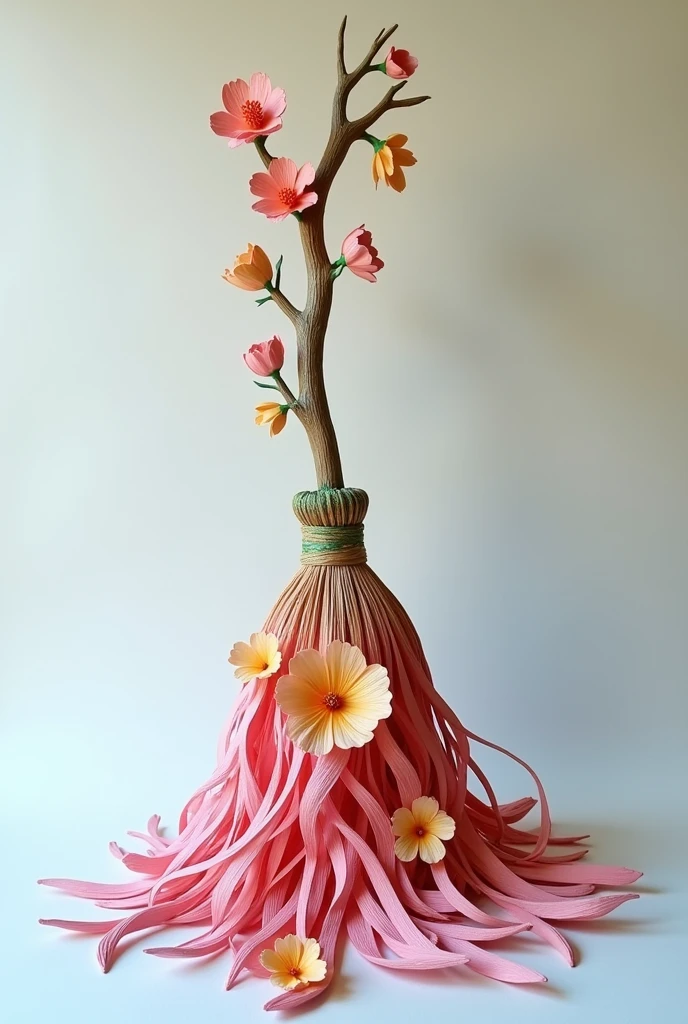 broom floral design on broom, the handle should also have a design, using crepe paper