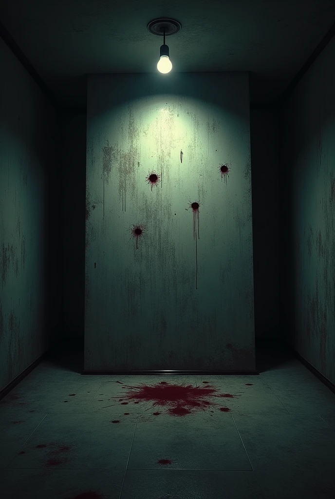 make a deadly scenario with an empty space without any characters, with just a large, wide wall at a different angle with blood and gunshot marks, in a dark room with no doors, with just one lightbulb.