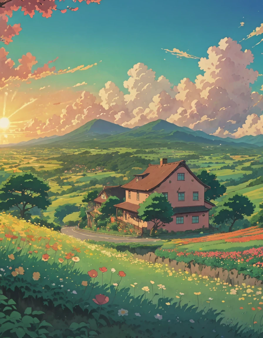 Studio Ghibli aesthetic landscape wallpaper, sky, nature, magical, cheered up, Dibujos cheered ups
