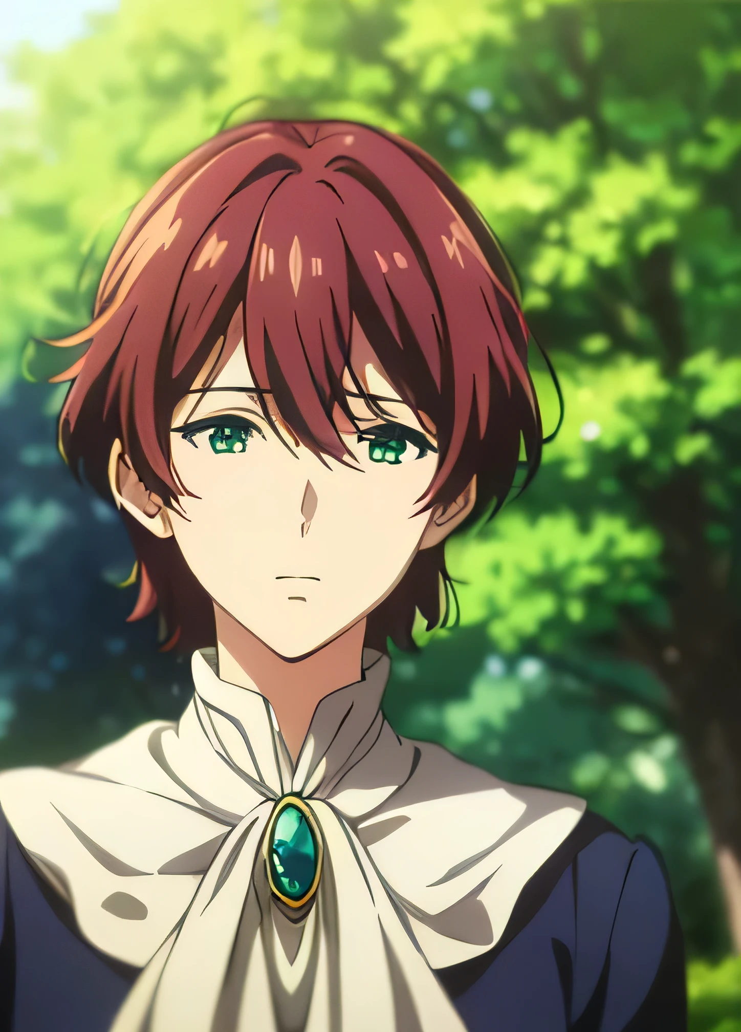 violet evergarden masterpiece, best quality, 1boy, solo, red hair, green eyes, hair between eyes, looking at viewer, bangs, outdoors, brooch, hair intakes, anime coloring, ascot, blurry background, blurry, white ascot, tree, closed mouth, portrait, daygrass, child, young boy, a child