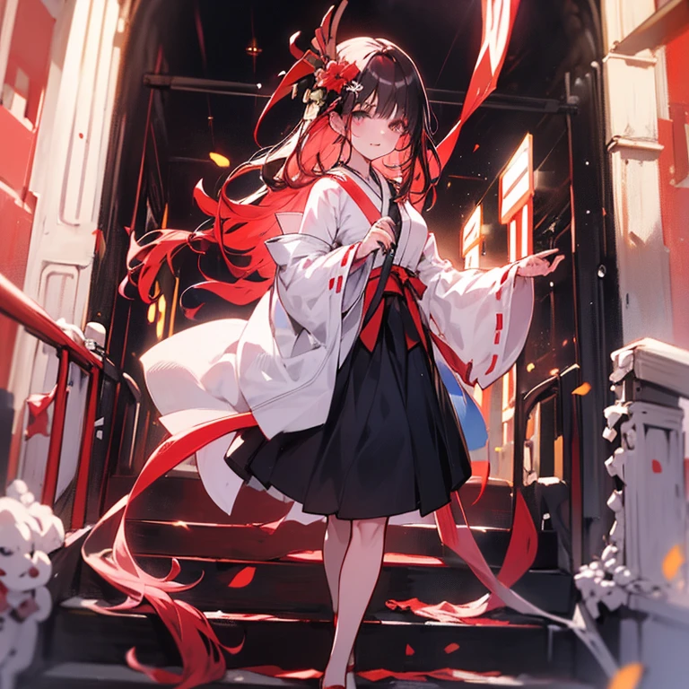 High definition、anime、A pure girl dressed in a shrine maiden's outfit、Flowers sprout from beneath your feet、１８age、Halfred with long silver hair、Full body portrait、beautiful girl、A long-sleeved miko outfit、Large eyes like opals、Powerful eyes、Kagura Dance