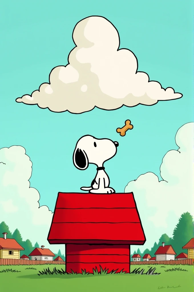 Snoopy is on the roof of his house looking at a cloud shaped like a bone