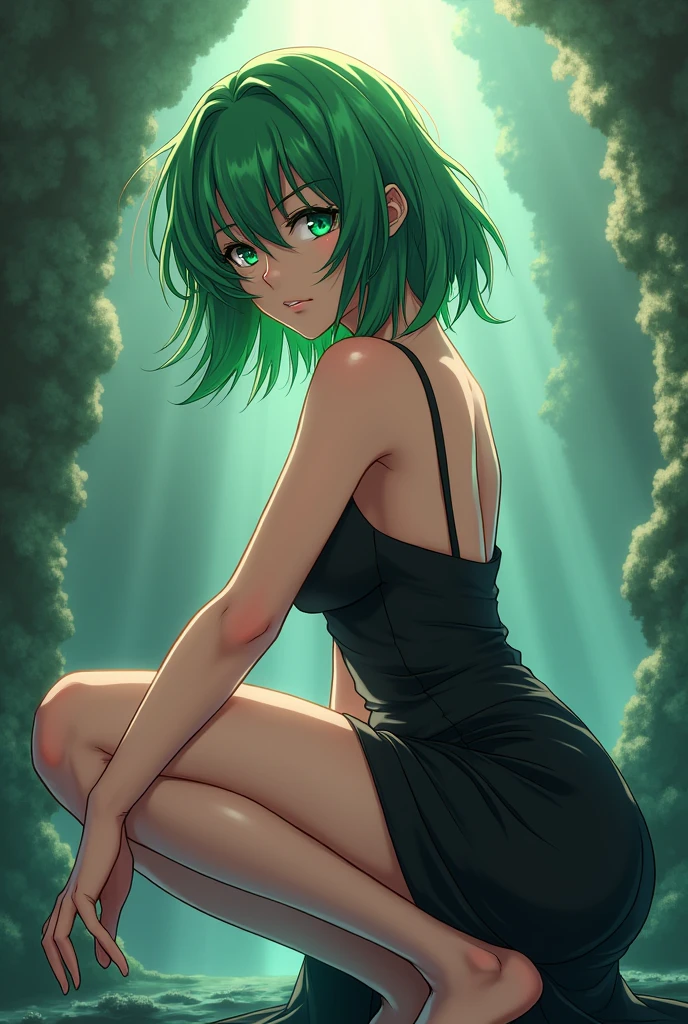 anime with green hair and black dress, an anime drawing by Shitao, pixiv, Fantasyart, highest rated on pixiv, no pixiv, tatsumaki from one punch man, Cute anime girl,Jack-o's challenge pose', curving, seductive anime girl, the anime girl is squatting, tatsumaki