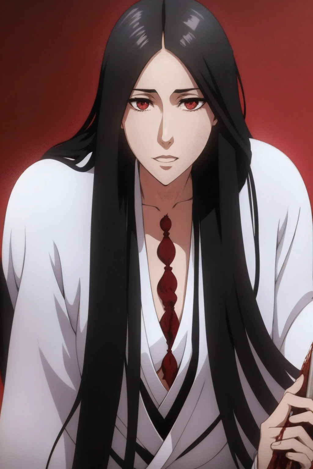 （（（Perfect figure，figure，black Japanese clothing,feather woven, （（（bleach，（（（Scars on the chest）））, red eyes,Unohana））），S-shaped figure:1.7））），((masterpiece)),high resolution, ((Best quality at best))，masterpiece，quality，Best quality，（（（ Exquisite facial features，looking at the audience,There is light in the eyes，Happy，nterlacing of light and shadow，huge ））），（（（looking into camera，fighting stance，red background，Blood）））