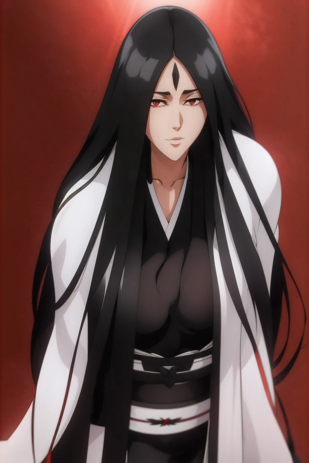 （（（Perfect figure，figure，black Japanese clothing,feather woven, （（（bleach，（（（Scars on the chest）））, red eyes,Unohana））），S-shaped figure:1.7））），((masterpiece)),high resolution, ((Best quality at best))，masterpiece，quality，Best quality，（（（ Exquisite facial features，looking at the audience,There is light in the eyes，Happy，nterlacing of light and shadow，huge ））），（（（looking into camera，fighting stance，red background，Blood）））