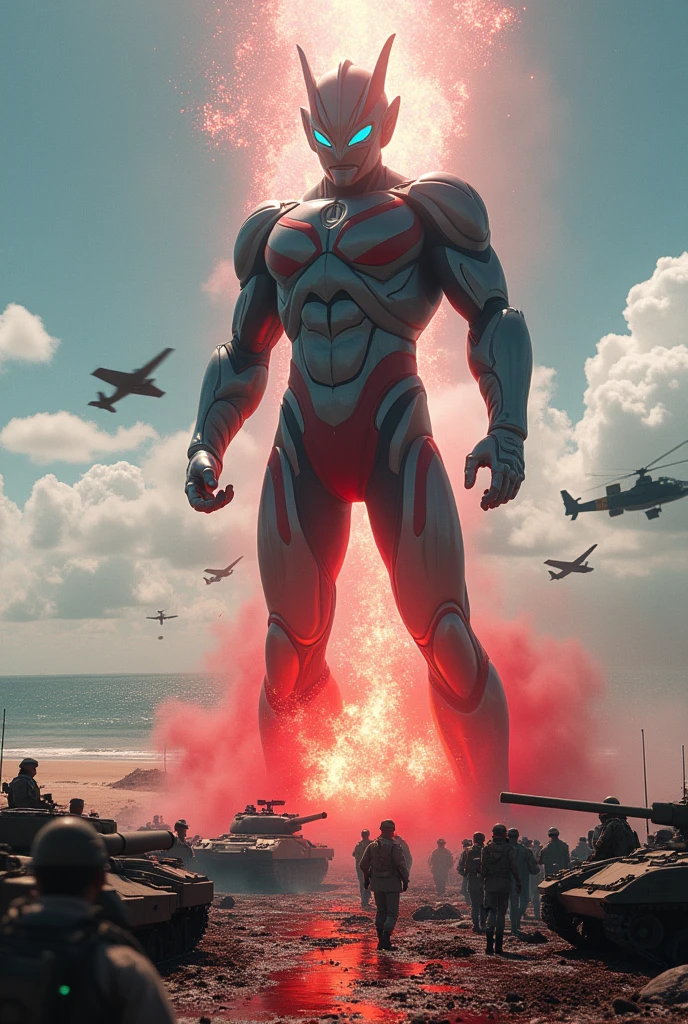a giant ultraman taro, tilt shift photography, ultraman hand downsmash, ultraman kick entire army, blood splashing, army day battlefield, sea, beach, (best quality,4k,8k,highres,masterpiece:1.2),ultra-detailed,(realistic,photorealistic,photo-realistic:1.37),cinematic lighting,cinematic composition,dramatic lighting,volumetric lighting,hyper realistic,highly detailed,intricate details,vivid colors,stunning composition,epic scale,dynamic action,cinematic angleTilt shift photography big ultraman taro hand downsmash splash blood of army step by Ultraman kick all army at army day bomb . sea, beach . everywhere lot of soldier in battlefield.world war 2. tilt shift photography. lot of war. tank.aircraft 2000. air drop.