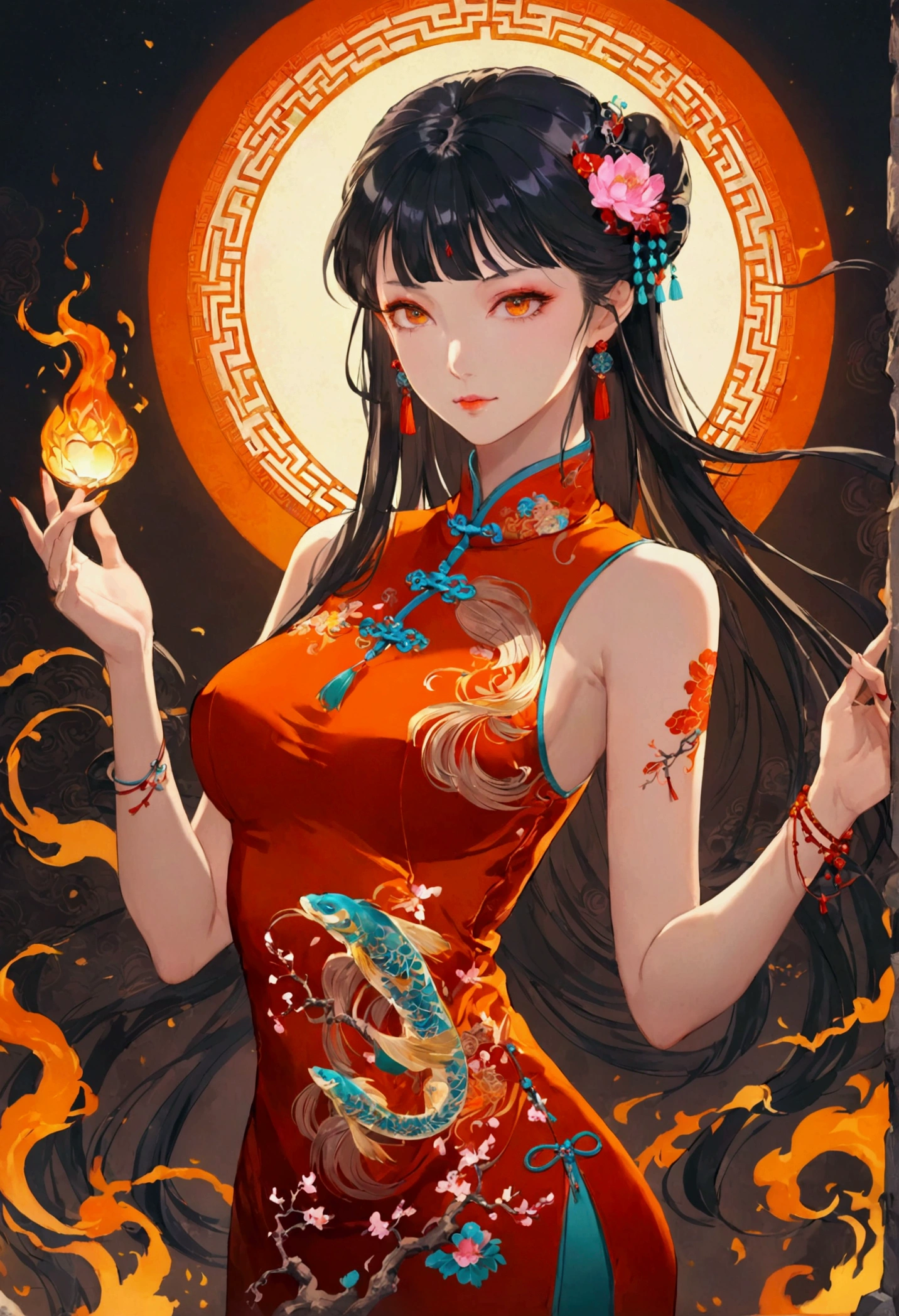 Spirit Portrait, very long flowing random Gradient color hair, Eyes shining , colorful surrounding, Combustion atmosphere, (Exquisite and sexy Chinese cheongsam:1.2), glowing tattoo, Orange crystal jewelry, A faint smile, Mature body, masterpiece,best quality,Official Art,illustration,Clear lines,(Cool_color),Perfect composition,ridiculous, fantasy,concentrated,The third law