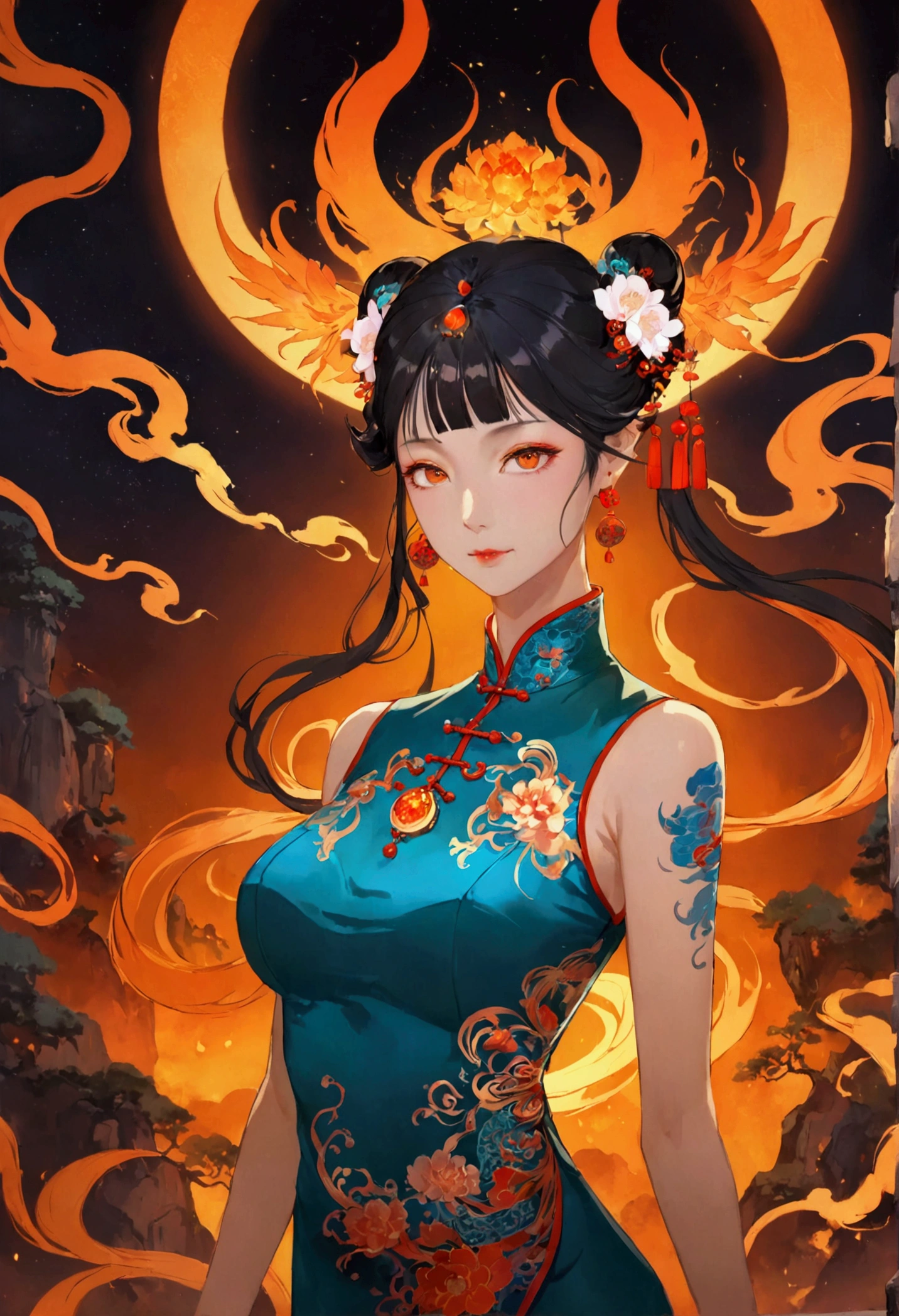 Spirit Portrait, very long flowing random Gradient color hair, Eyes shining , colorful surrounding, Combustion atmosphere, (Exquisite and sexy Chinese cheongsam:1.2), glowing tattoo, Orange crystal jewelry, A faint smile, Mature body, masterpiece,best quality,Official Art,illustration,Clear lines,(Cool_color),Perfect composition,ridiculous, fantasy,concentrated,The third law