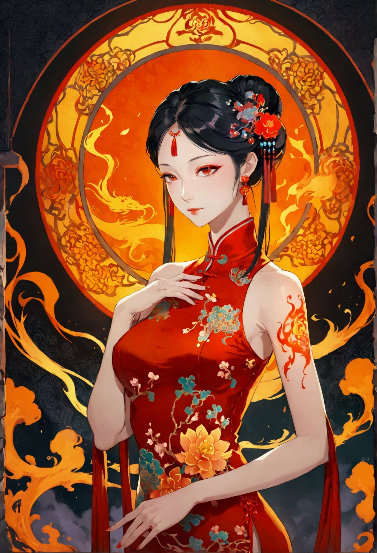 Spirit Portrait, very long flowing random Gradient color hair, Eyes shining , colorful surrounding, Combustion atmosphere, (Exquisite and sexy Chinese cheongsam:1.2), glowing tattoo, Orange crystal jewelry, A faint smile, Mature body, masterpiece,best quality,Official Art,illustration,Clear lines,(Cool_color),Perfect composition,ridiculous, fantasy,concentrated,The third law