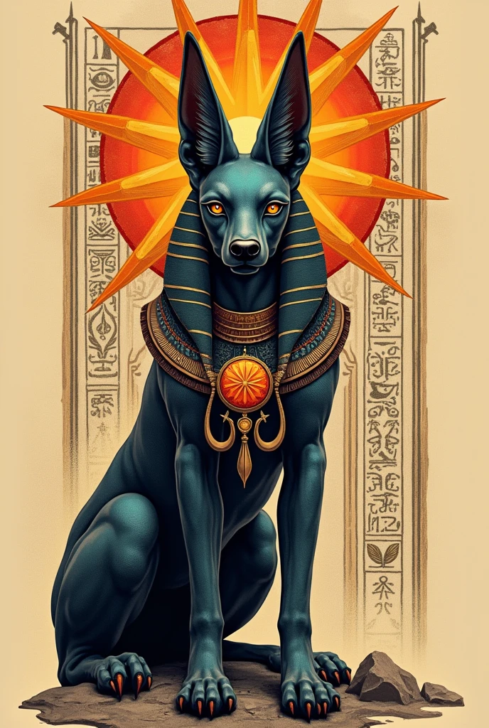 Create a tattoo design where Anubis is the central element along with the sun symbol , The OM symbol and the Eye of Horus all in one design 
