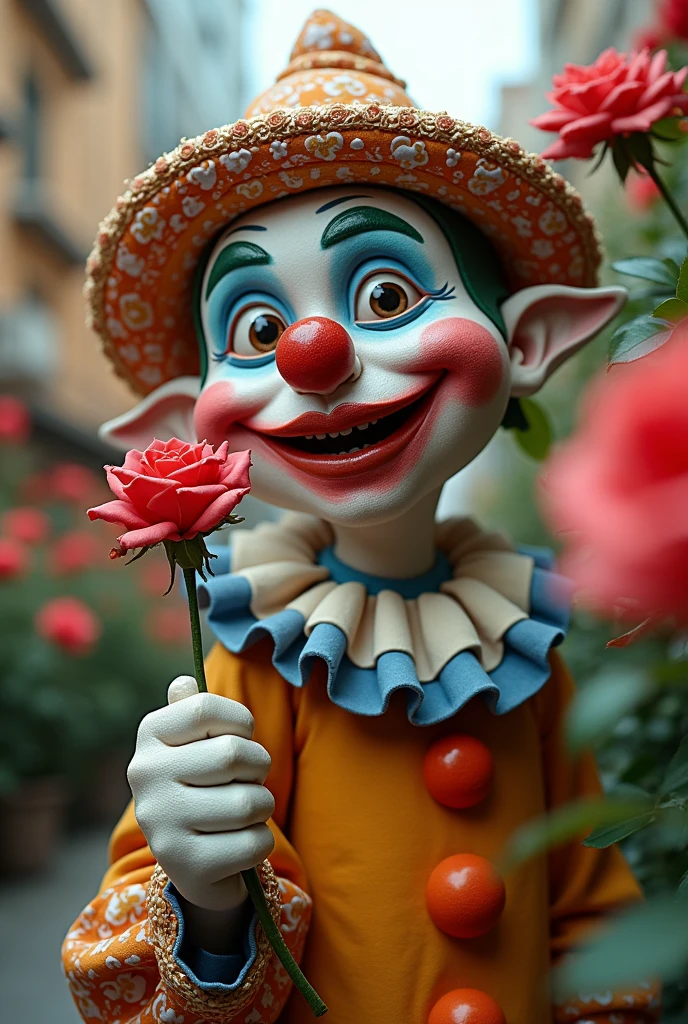 clown, silly, suspicious of the future, friendly and who lives in the city of Jaboticabal, the city of roses, more focus on the roses, a more zoomed-in photo , with a rose in one hand